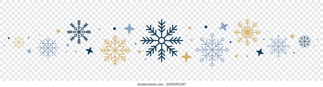 Abstract snowflake seamless border. Snowflakes seamless pattern. Snowfall repeat backdrop. Winter holidays theme. Seamless background with snowflakes. Vector illustration