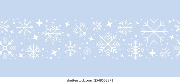 Abstract snowflake seamless border. Snowflakes seamless pattern. Snowfall repeat backdrop. Winter holidays theme. Seamless background with snowflakes. Vector illustration