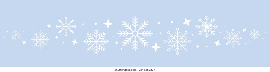 Abstract snowflake seamless border. Snowflakes seamless pattern. Snowfall repeat backdrop. Winter holidays theme. Seamless background with snowflakes. Vector illustration