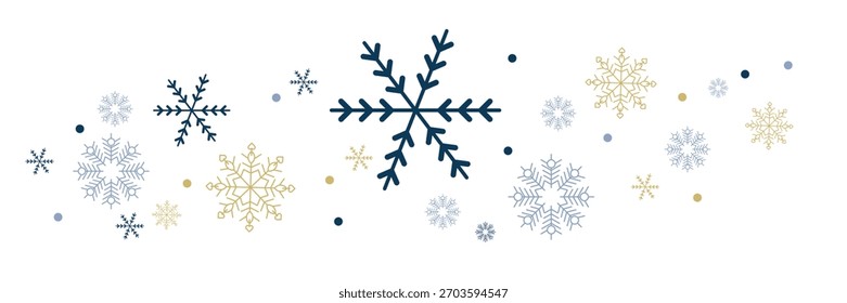 Abstract snowflake seamless border. Snowflakes seamless pattern. Snowfall repeat backdrop. Winter holidays theme. Seamless background with snowflakes. Vector illustration