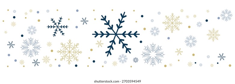 Abstractas borde sin costuras del copo de nieve. Copos de nieve sin patrón. Fondo de repetición de nevadas. Tema de vacaciones de invierno. Fondo sin fisuras con copos de nieve. Ilustración vectorial