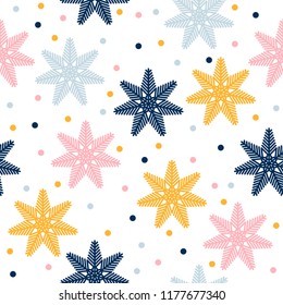Abstract snowflake seamless pattern background. Childish geometric cover for design birthday card, wallpaper, holiday wrapping paper, shopsale advertising, textile fabric, bag print, t shirt etc.