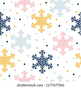 Abstract snowflake seamless pattern background. Childish geometric cover for design birthday card, wallpaper, holiday wrapping paper, shopsale advertising, textile fabric, bag print, t shirt etc.
