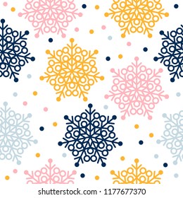 Abstract snowflake seamless pattern background. Childish geometric cover for design birthday card, wallpaper, holiday wrapping paper, shopsale advertising, textile fabric, bag print, t shirt etc.