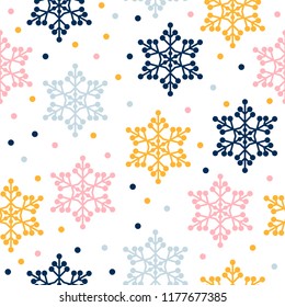 Abstract snowflake seamless pattern background. Childish geometric cover for design birthday card, wallpaper, holiday wrapping paper, shopsale advertising, textile fabric, bag print, t shirt etc.