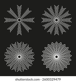Abstract snowflake shapes. Geometric winter symbols. Symmetric decorative patterns. White lines on black.