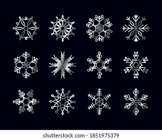 abstrakte Schneeflocken und Schneeflocken Symbol auf schwarzem Hintergrund, Farbverlauf-Stil, Vektorgrafik