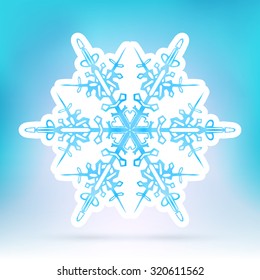 Abstract Snowflake Symbol with Ice Blue Background Gradient - Beautiful Filigree Snow Flake Icon Label with White Border - Seasonal Winter Design Sticker