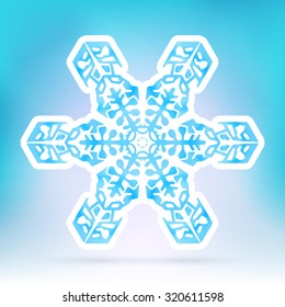 Abstract Snowflake Symbol with Ice Blue Background Gradient - Beautiful Filigree Snow Flake Icon Label with White Border - Seasonal Winter Design Sticker