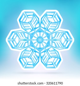Abstract Snowflake Symbol with Ice Blue Background Gradient - Beautiful Filigree Snow Flake Icon Label with White Border - Seasonal Winter Design Sticker