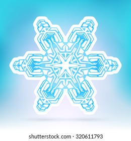 Abstract Snowflake Symbol with Ice Blue Background Gradient - Beautiful Filigree Snow Flake Icon Label with White Border - Seasonal Winter Design Sticker