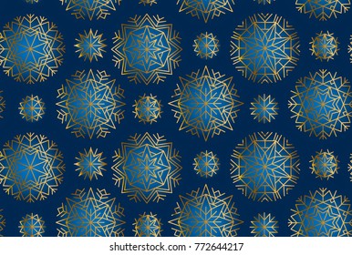 Abstract snowflakes elements seamless pattern. Christmas celebration winter simple snow decor vector illustration. gold and blue xmas snow ornament.