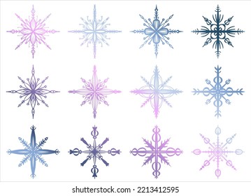 Abstrakte Schneeflocken mit Farbverlauf für konzeptionelles Design. Concept Graphic Design Element. Weißer Hintergrund. Vektorgrafik einzeln.