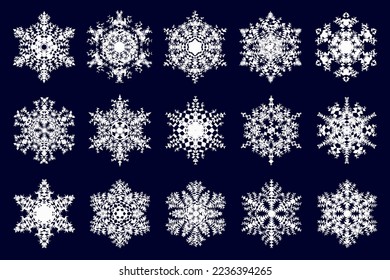 Resumen de copos de nieve aislados en el fondo oscuro. Colección de copos de nieve para sus proyectos de diseño.
