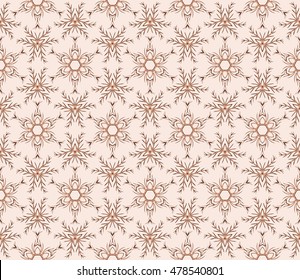 Abstract snowflakes in a seamless pattern. Vector illustration. Beige, pastel color. For the design, printing