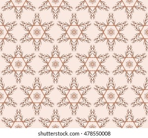 Abstract snowflakes in a seamless pattern. Vector illustration. Beige, pastel color. For the design, printing