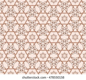 Abstract snowflakes in a seamless pattern. Vector illustration. Beige, pastel color. For the design, printing