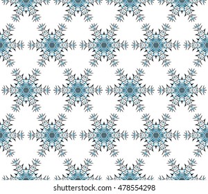 Abstract snowflakes in a seamless pattern. Vector illustration. New series. Blue, black. For the design, printing