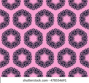 Abstract snowflakes in a seamless pattern. Vector illustration. New year series. Pink, purple color. For the design, printing