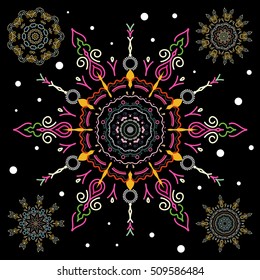 Abstract snowflakes set. Vector snowflakes with watercolor effect. Textile print for bed linen, jacket, package design, fabric and fashion concepts.