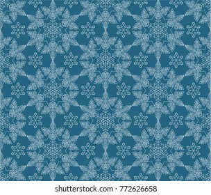 Abstract snowflakes vector seamless pattern. White hand drawn elements on emerald background. Merry Christmas and Happy New Year winter holidays design for greeting cards, textures,wallpaper,giftwrap.