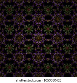 Abstract snowstorm with yellow and violet snowflakes. Winter background. Windstorm. Winter mood background. Blow snow texture pattern on black background. Seamless pattern with snowflakes.