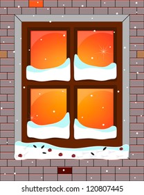 abstract snowy decorated window on a brick wall vector background