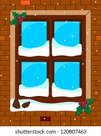 Abstract Snowy Decorated Window On A Brick Wall Vector Background