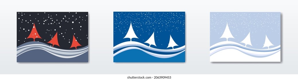 Abstract snowy landscape. Set of winter background, night and day. Vector illustration