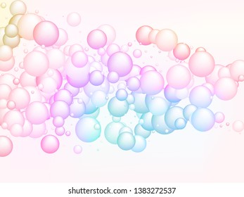 Abstract soap bubbles in rainbow colors. Vector illustration. Magic background for children party. Colorful soap bubbles with glares, highlights and gradients on white.