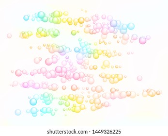 Abstract soap bubbles in rainbow colors. Vector illustration. Magic background for children party. Colorful soap bubbles with glares, highlights and gradients on white.