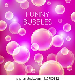 Abstract soap bubbles vector background. Transparent circle, sphere ball, pink red pattern illustration art