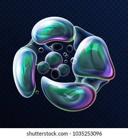 Abstract soapsuds with realistic reflection. 3d translucent liquid balls on transparent. Water sphere flow or explosion, soapy ballon or shiny forth malformation. Soap blowing or shampoo spume theme
