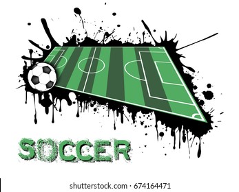 Abstract soccer background. Soccer ball and field on a background of blots of paint. Vector illustration