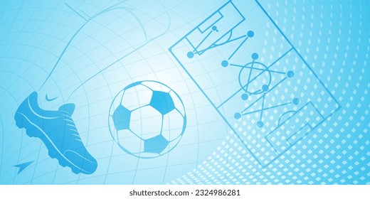Abstract soccer background with big football ball and other sport symbols in light blue colors