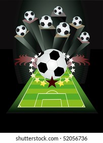 Abstract soccer background with field and balls. Vector illustration.