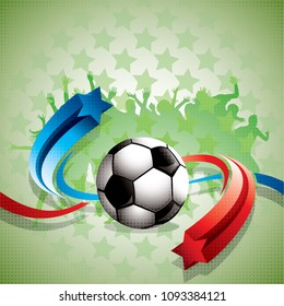Abstract soccer background with a football (ball), blue and red arrows and fans in the background