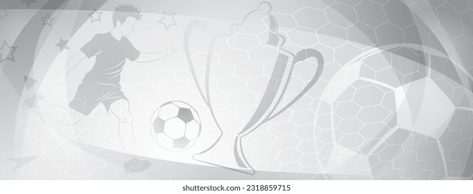 Abstract soccer background with a football player kicking the ball and other sport symbols in gray colors