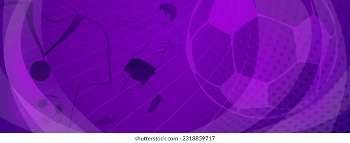 Abstract soccer background with a football player kicking the ball and other sport symbols in purple colors
