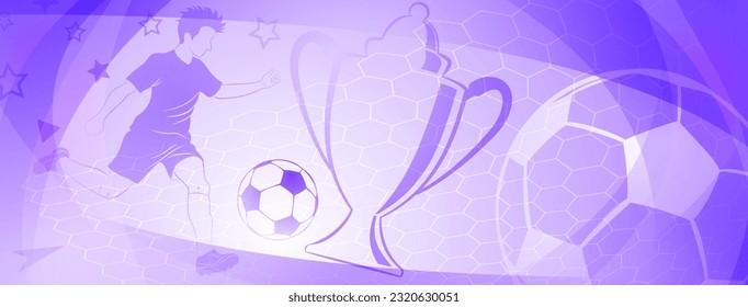Abstract soccer background with a football player kicking the ball and other sport symbols in purple colors