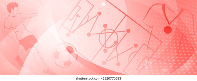 Abstract soccer background with a football player kicking the ball and other sport symbols in red colors