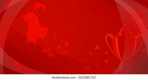 Abstract soccer background with a football player kicking the ball and other sport symbols in red colors