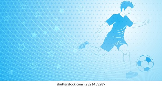 Abstract soccer background with a football player kicking the ball and other sport symbols in light blue colors