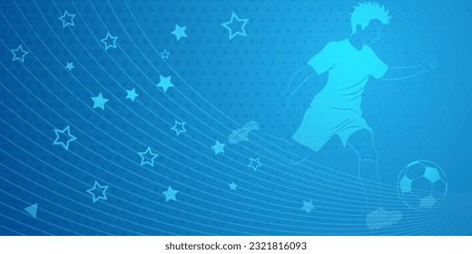 Abstract soccer background with a football player kicking the ball and other sport symbols in blue colors