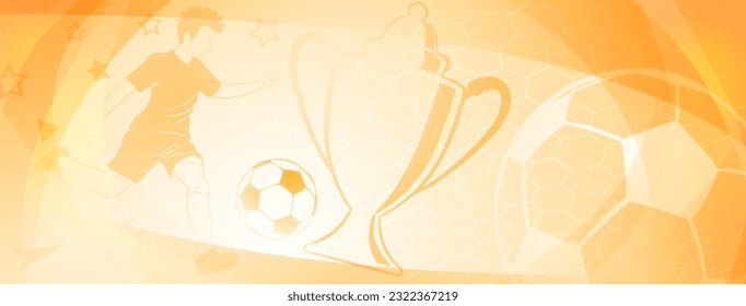 Abstract soccer background with a football player kicking the ball and other sport symbols in yellow colors