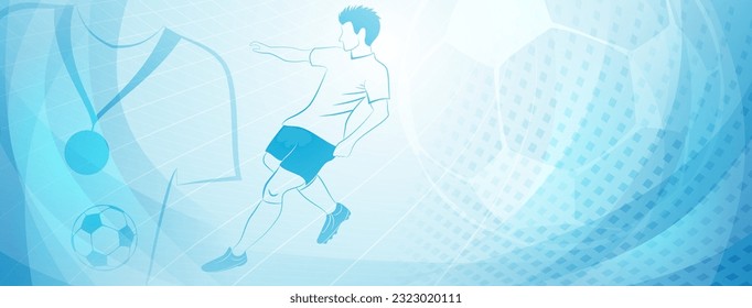 Abstract soccer background with a football player kicking the ball and other sport symbols in light blue colors