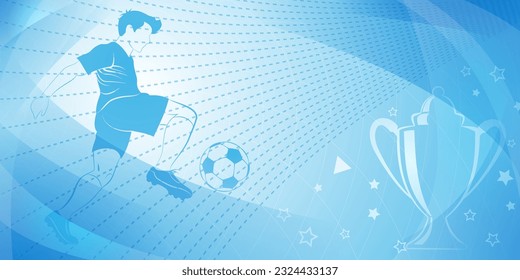 Abstract soccer background with a football player kicking the ball and other sport symbols in light blue colors