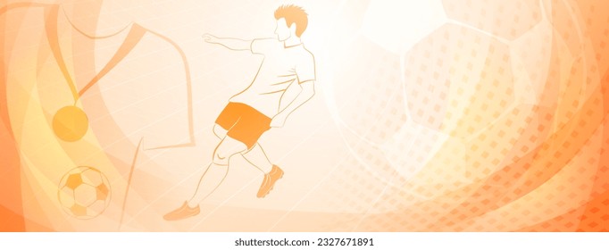 Abstract soccer background with a football player kicking the ball and other sport symbols in yellow colors