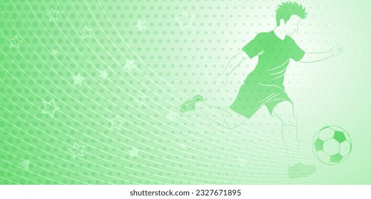 Abstract soccer background with a football player kicking the ball and other sport symbols in green colors