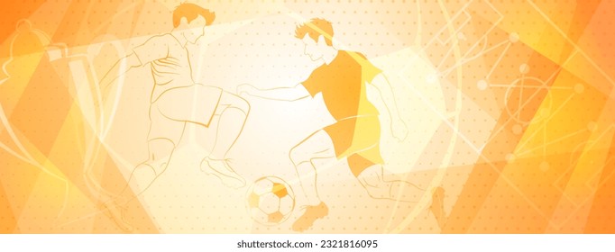 Abstract soccer background with a football players kicking the ball and other sport symbols in yellow colors